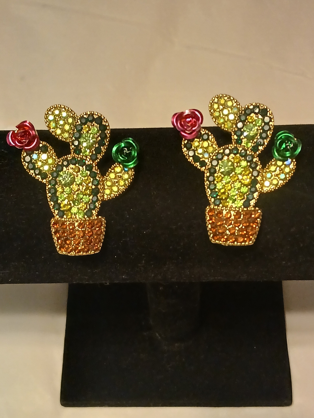 Vintage Rhinestone Cactus Stud Earrings with Pink & Green Rose Accents